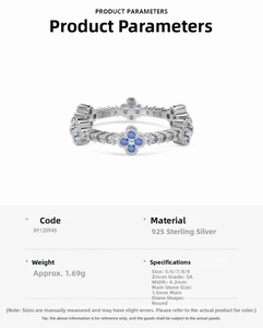 Detail view of S925 sterling silver four-leaf clover ring with blue 5A cubic zirconia stones