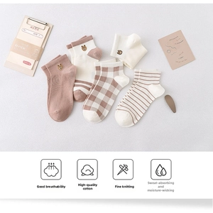 Detail view of 5-pack women's cotton ankle socks featuring cute bear embroidery and patterns