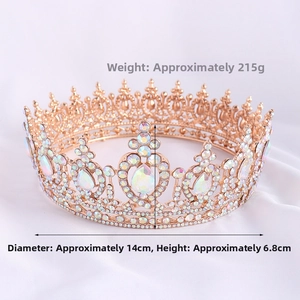 Detailed specs of Baroque gold bridal crown with AB rhinestones, 14cm diameter, 215g
