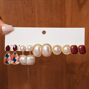 Set of 6 vintage geometric earrings with faux pearls and resin in various styles