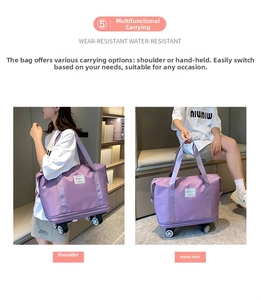 Detail view of purple waterproof nylon travel bag with spinning wheels and large capacity