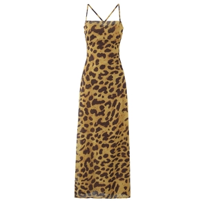 Robe longue léopard sexy à dos nu avec fines bretelles et design croisé au dos