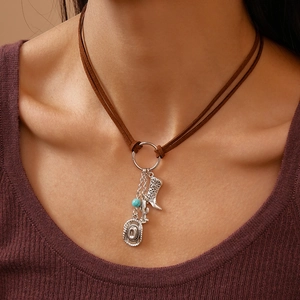 Western style suede cord necklace featuring cowboy hat, boot pendants and turquoise bead