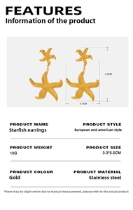 Detailed dimensions of gold starfish earrings in stainless steel with measurement markings