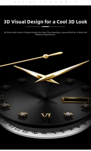 Macro view of black sunburst dial with golden sword hands and 3D crystal indexes