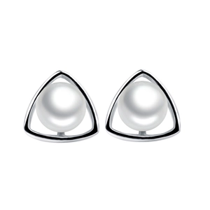 Elegant S925 sterling silver triangle earrings with natural freshwater pearls on white background