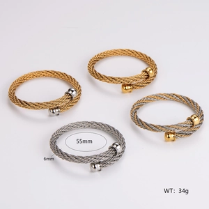 Stainless Steel Braided Wire Cable Cuff Bangle Bracelet Adjustable Opening Ball End Retro Hip Hop Style Jewelry
