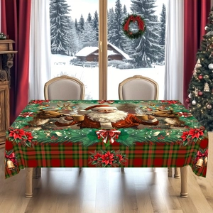 Christmas tablecloth featuring Santa, reindeer, and red plaid pattern in a festive room