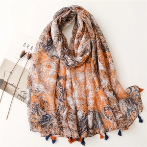 Abstraktes Marmor Tuschspritzer Druck Schal Halstuch Voile Polyester Stoff Lange Quasten Künstlerisch Retro Leicht Elegant Damen Accessoire