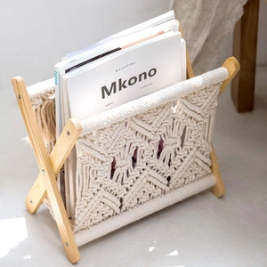 Nordic foldable wooden magazine rack with white hand-woven cotton rope storage basket