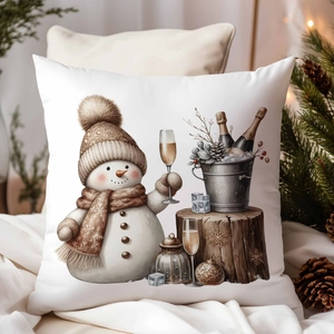 Housse de coussin Noël bonhomme de neige doré sur fond chaleureux de guirlandes