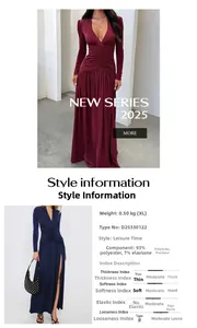 Detail view of the elegant V-neck dress showing side slit and fabric specifications