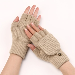 Detail of beige knitted convertible flip top gloves with secure button closure mechanism