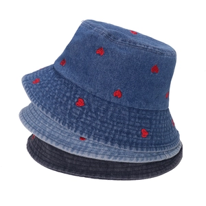 Chapeau Bob En Jean Coton Pour Femmes Broderie Cœur Marguerite Protection Solaire Extérieur Décontracté Été
