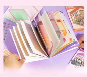 Close-up of a 3D cartoon DIY sticker book with various cute indoor scene layouts