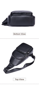 Detailed bottom and top view of black leather chest bag with multiple metal zippers