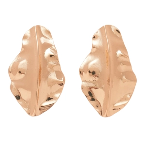 Heavy metal rose gold leaf earrings with textured wrinkles and high-gloss mirror finish