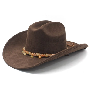 Deep brown retro cowboy hat with ethnic beaded band and wide brim on white background