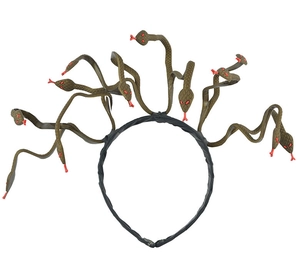 Detail of Medusa snake headband with bronze snakes, red eyes, and green resin finish