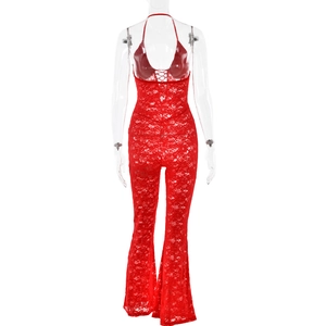 Detailed back view of red lace jumpsuit featuring halter neck and open back design