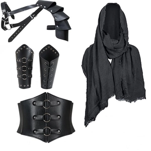 Detailed black PU leather shoulder armor with wrist guards and waist belt set