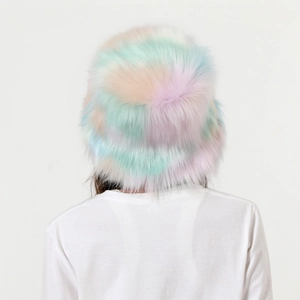 Rear view of rainbow fuzzy bucket hat featuring high-quality faux fur texture and vibrant colors
