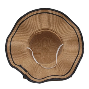 French style wide brim straw hat with black trim and windproof chin strap