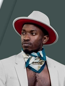 Detail of white wool fedora hat with a bold red underbrim paired with a stylish scarf