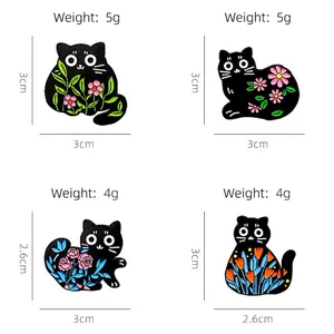 Cartoon black cat enamel pins set with floral patterns and exact size measurements