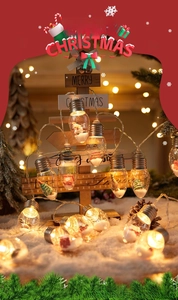 Detail of warm LED Christmas bulbs with miniature snowmen and trees inside