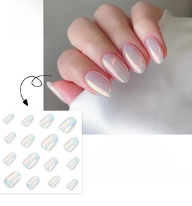 Short round press-on nails set in aurora pearl white finish with glossy coating