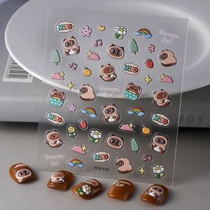 5D Embossed Nail Stickers Siamese Cat 3D Self Adhesive Waterproof Cute Cartoon Nail Art Decoration For Women