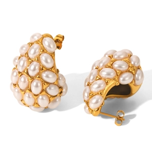 Golden teardrop stud earrings with embedded white pearls on a clean white background