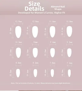 Guide des tailles pour faux ongles amande avec 24 pièces réparties en 12 dimensions