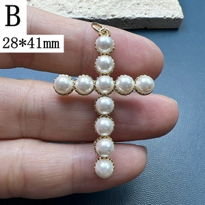 Golden pearl cross pendant for necklace DIY jewelry making, size 28x41mm, model B