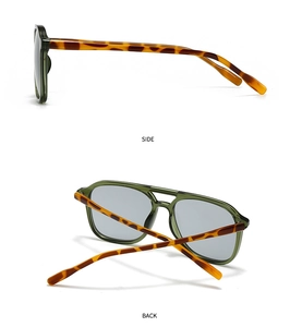 Detail view of square sunglasses with transparent green frame and tortoiseshell temples