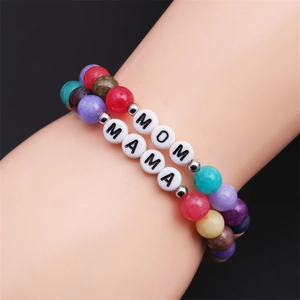Colorful agate beaded bracelets with MOM and MAMA letter charms on a model wrist