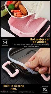 Detail of 304 stainless steel lunch box with water heating base and silicone seal ring