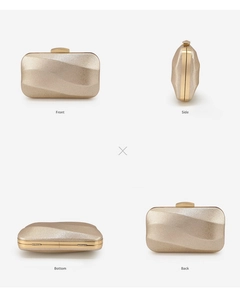Multiple views showing Front, Side, Bottom, and Back of the champagne gold evening clutch bag