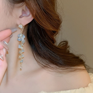 Détail de longues boucles d'oreilles à pompons avec cristaux bleus portées par un modèle