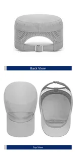 Detail view of adjustable silver buckle and mesh texture on light grey flat top cap