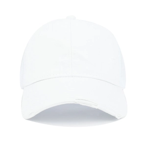 Close-up of white baseball cap showing distressed brim details and breathable mesh back
