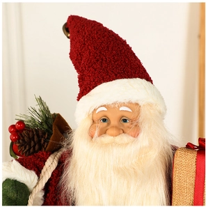 Close-up of Santa doll with velvet hat, realistic facial details and gift accessories