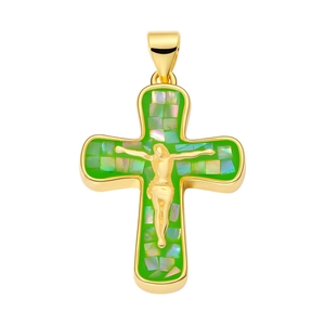 Detailed close-up of gold crucifix pendant with vibrant green abalone shell inlay