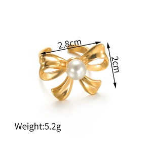Golden butterfly pearl ring with adjustable open band, 2.8cm width and 5.2g weight