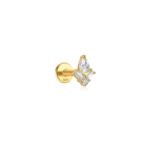 Detail of 925 sterling silver gold-plated stud earring with S925 hallmark and sparkling gems