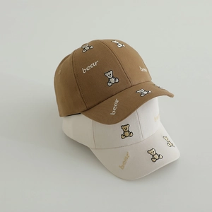Casquette de baseball pour enfants avec broderie ours en coton marron et beige