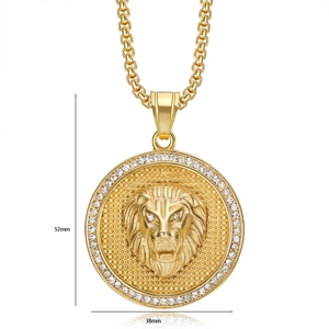 Detail showing dimensions of 52mm by 38mm for the gold lion head pendant with crystals