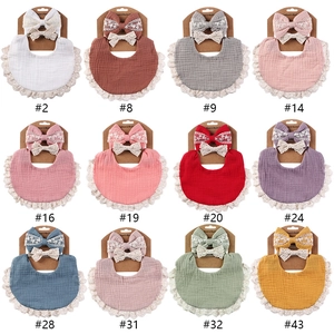 Muslin cotton baby bib and bow headband set with lace trim in 12 assorted colors