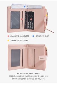 Pink women's wallet detail showing multiple card slots and secure zipper pocket